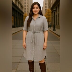 Tahari 100% Linen Knee-Length Shirt Dress XL – Neutral Grey Fall City Chic NWT